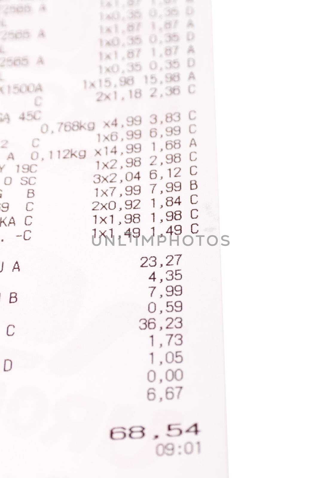 shopping receipt,  isolated on the white background