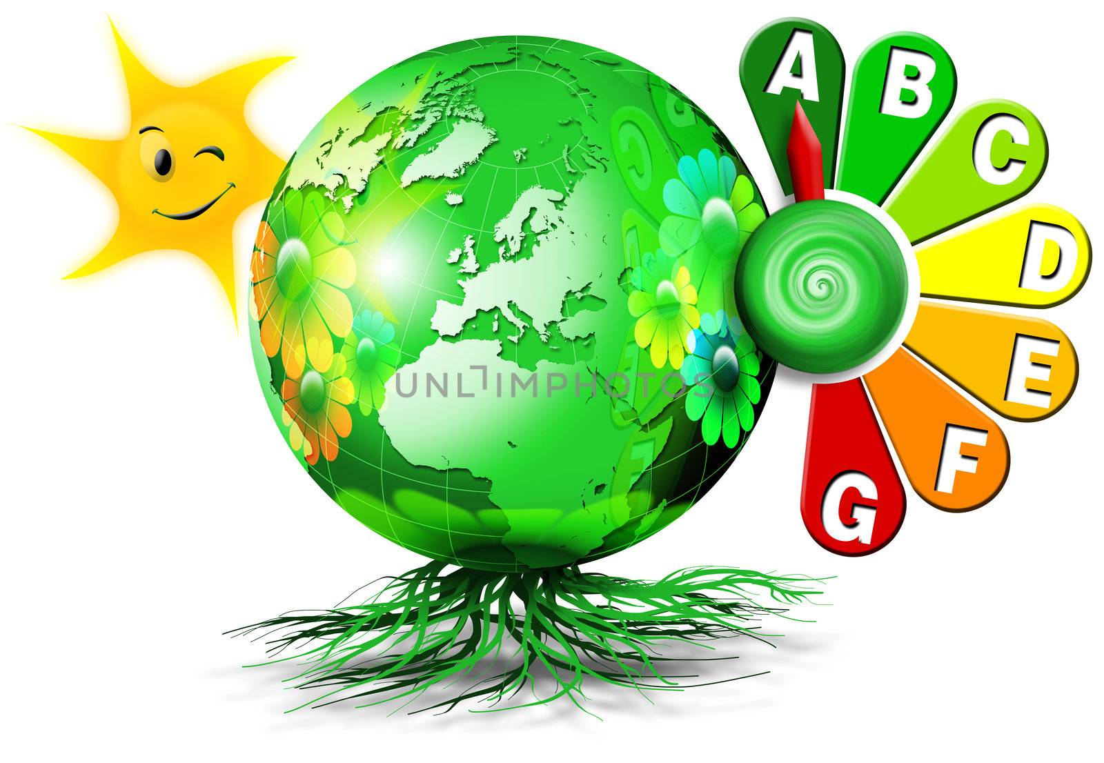 Illustration of green globe with roots, flower petals and a clock