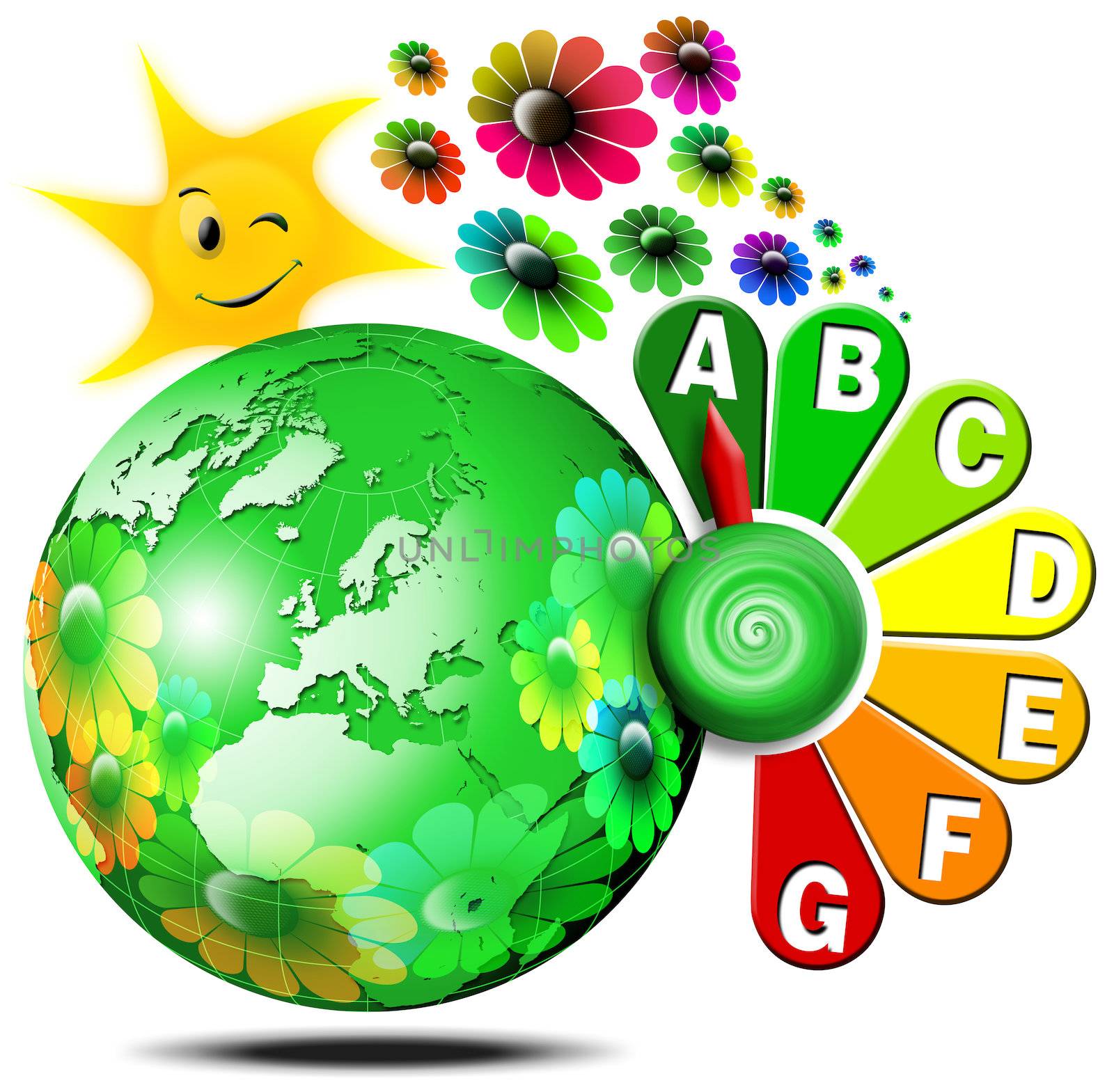 Green globe with a clock shaped like a flower and sun, energy class table