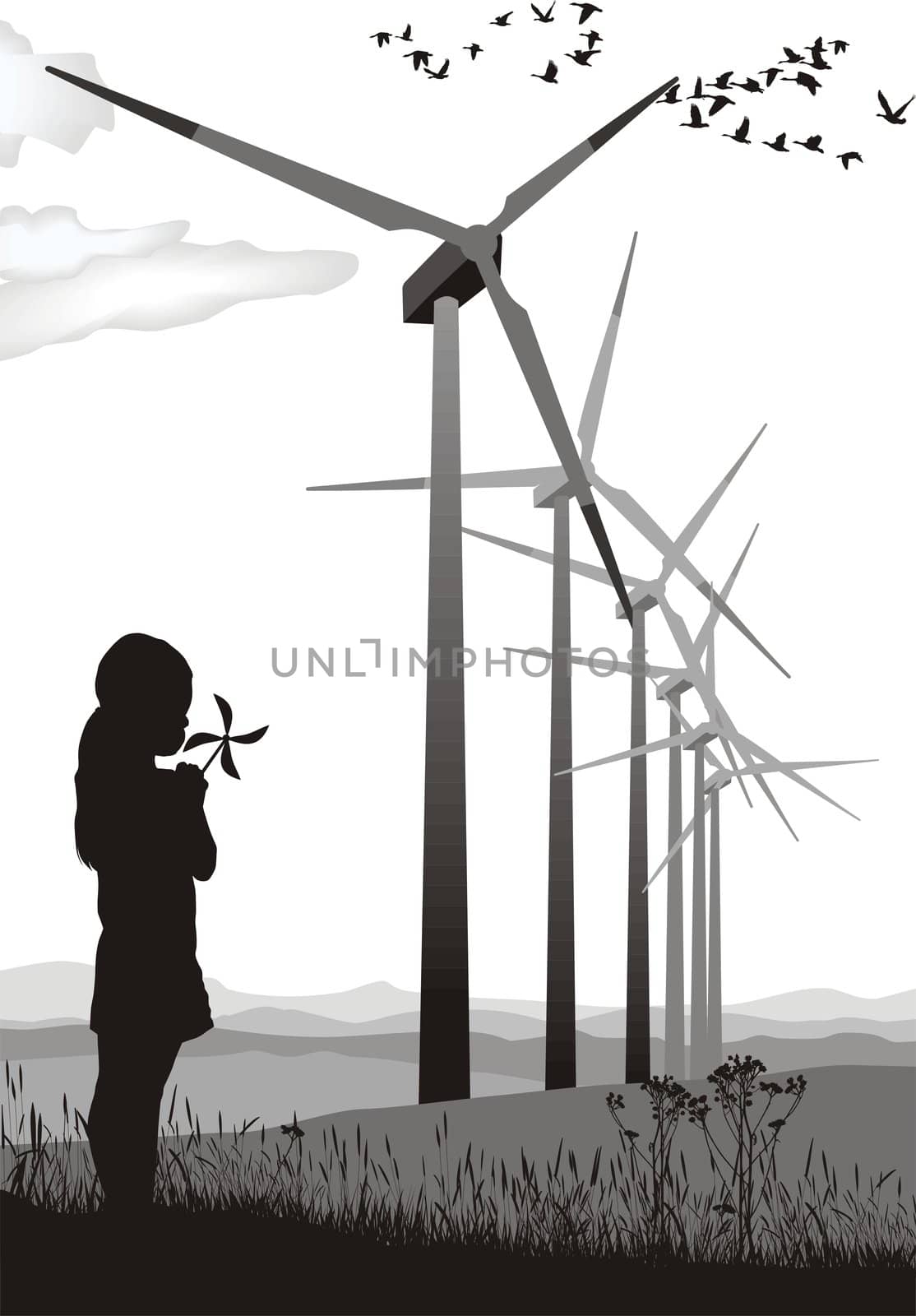 A small propeller and large wind farms, vector illustration