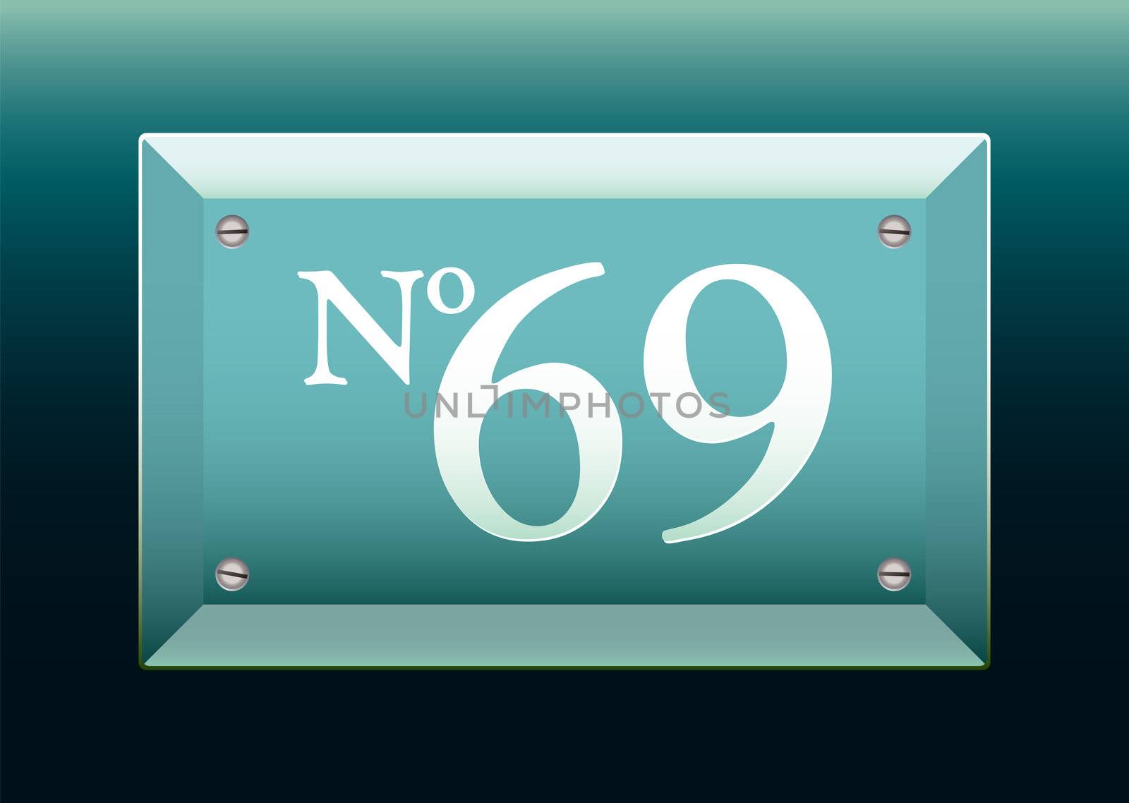 Green glass number sign with black background and 69