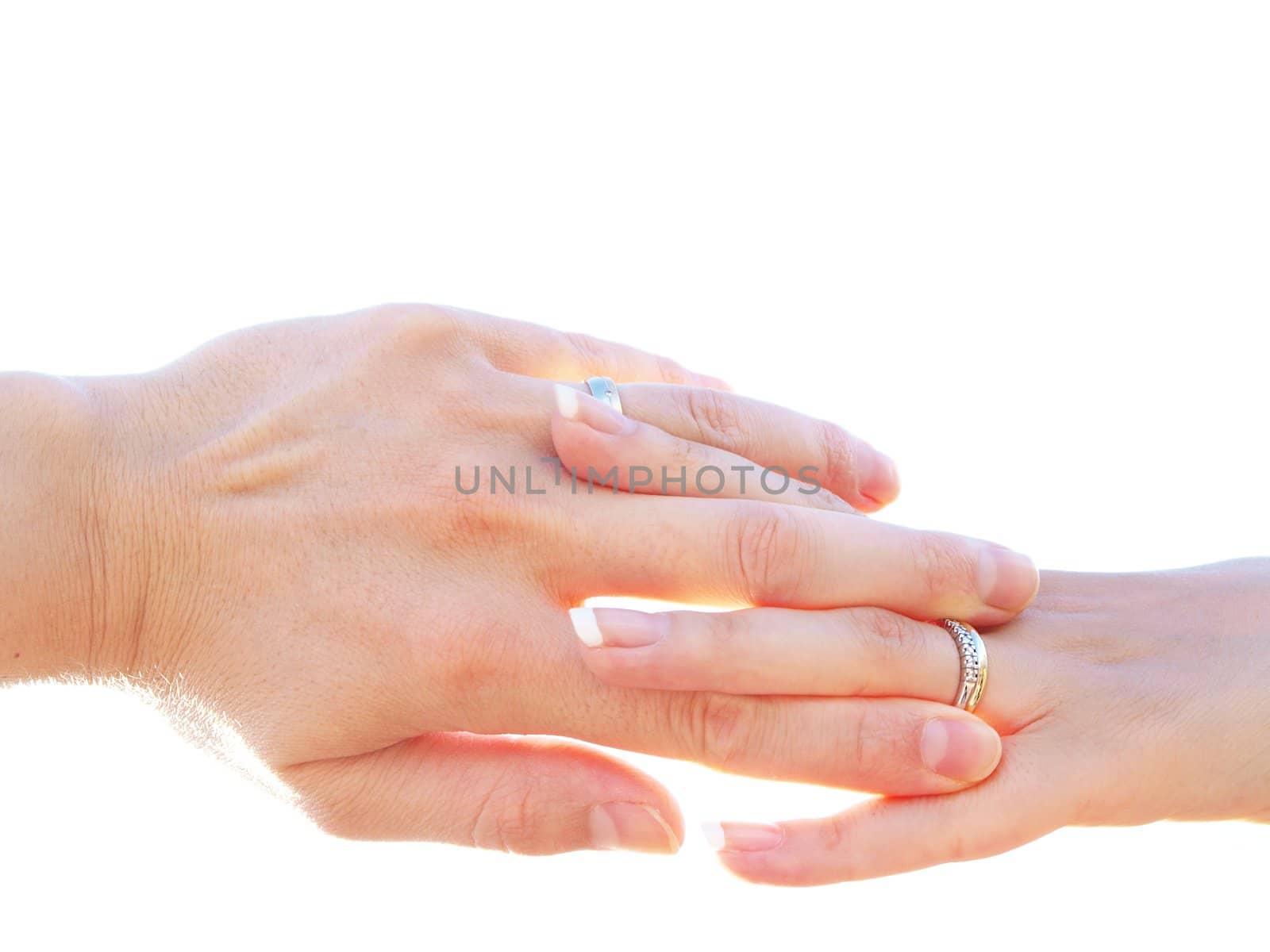 Married couple holding hands towards clear white background