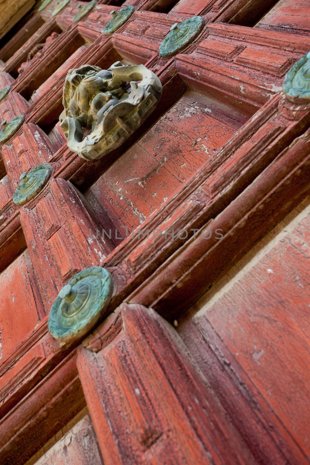 Detail of an ornate door knocker on the door of a building