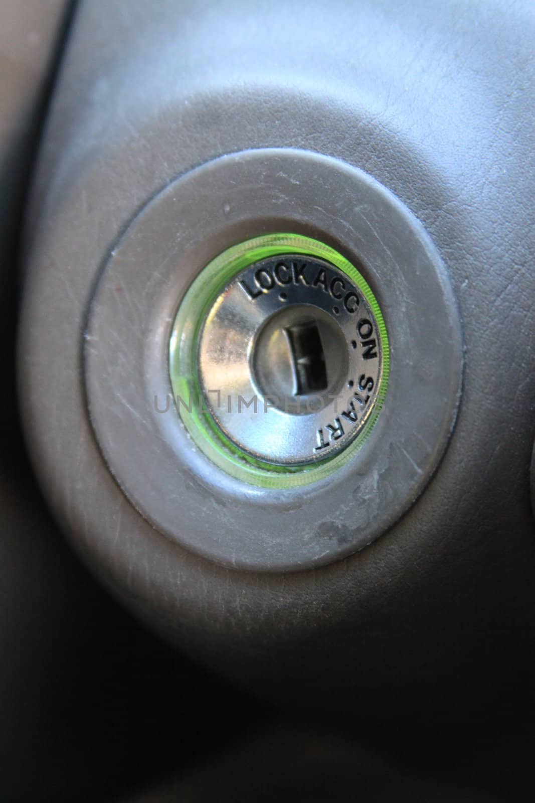 Car Keys In Ignition close up.