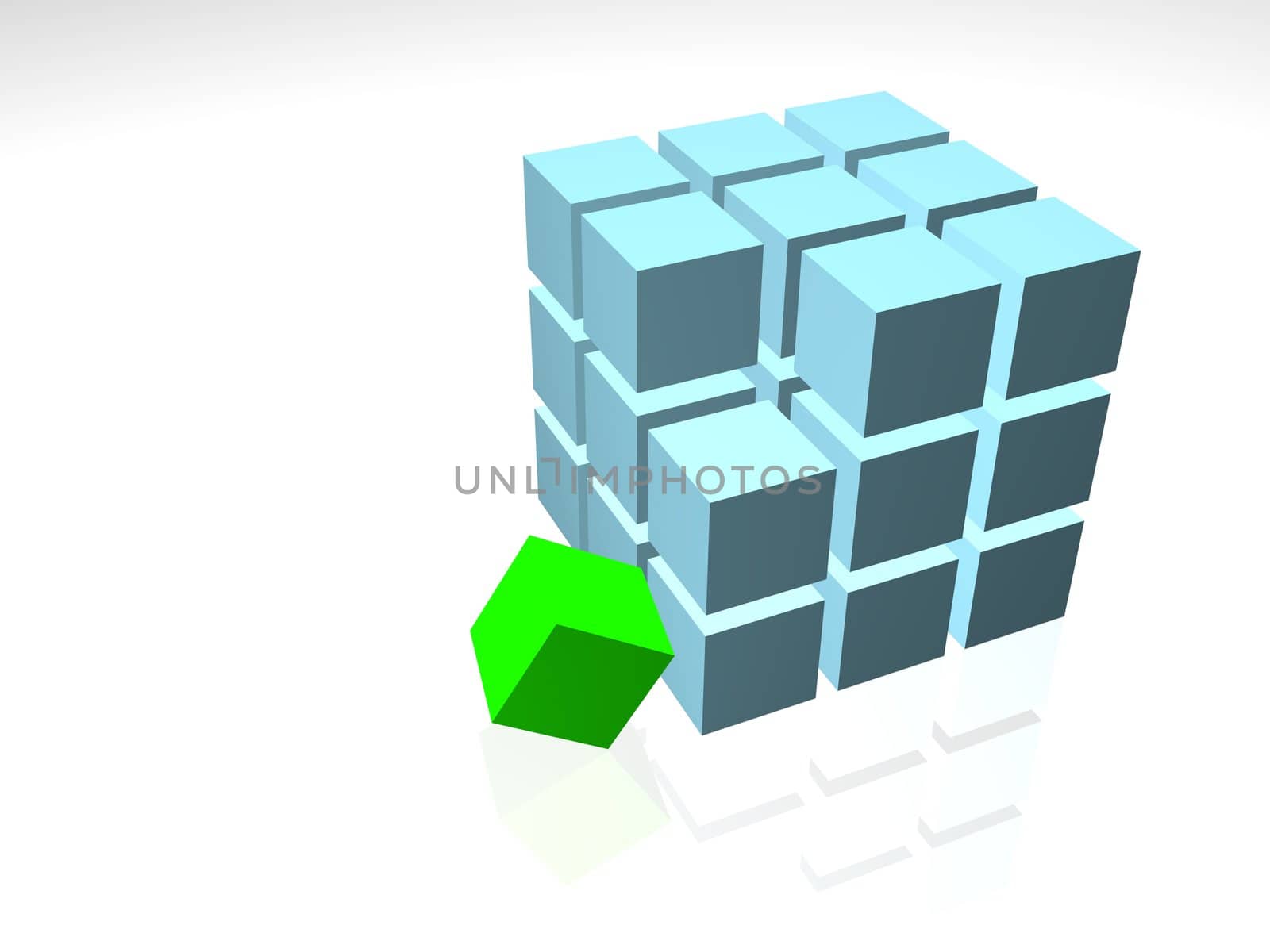 Individuality green cube on the white background
