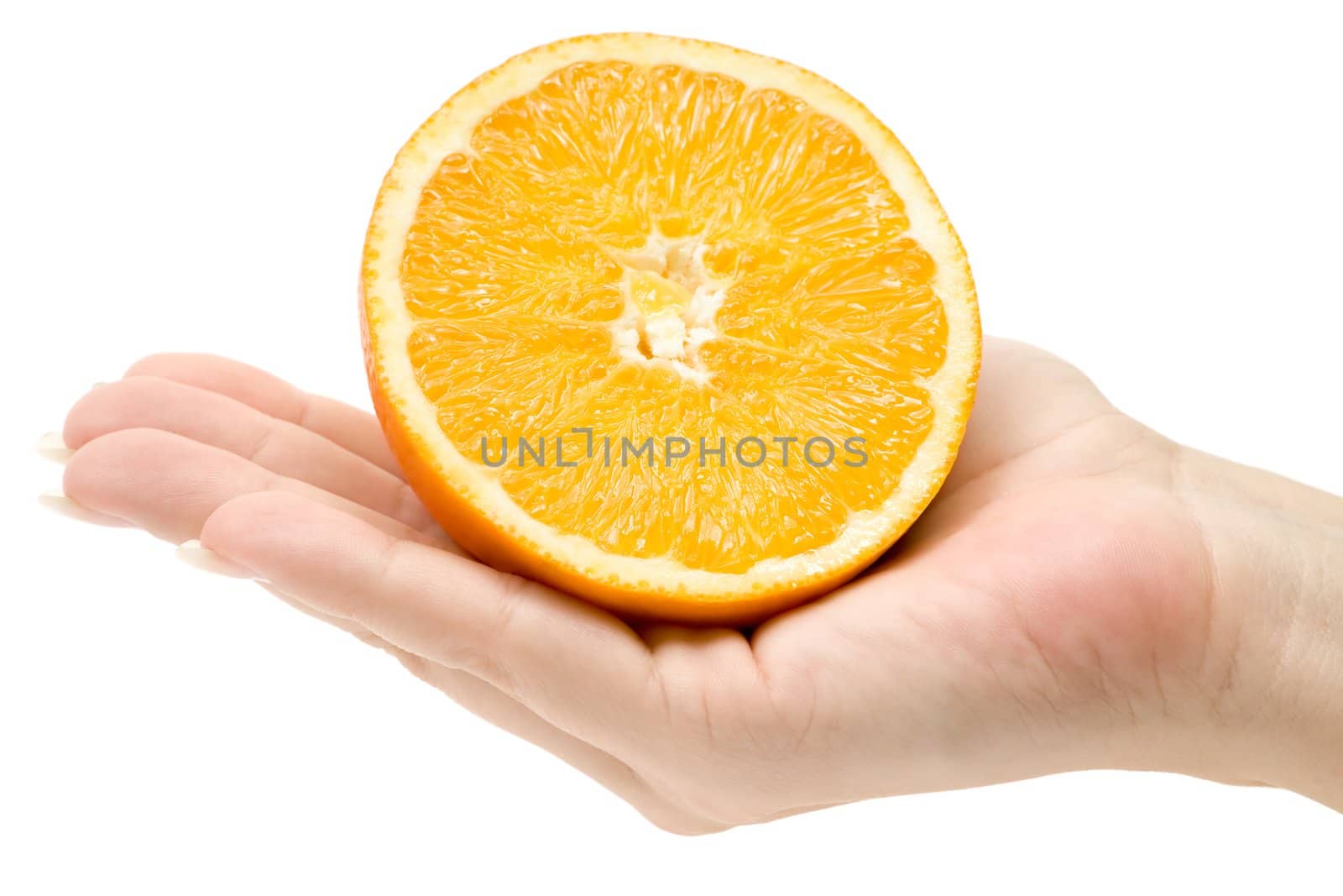 Female hand holding a halved orange. Isolated on a white background.