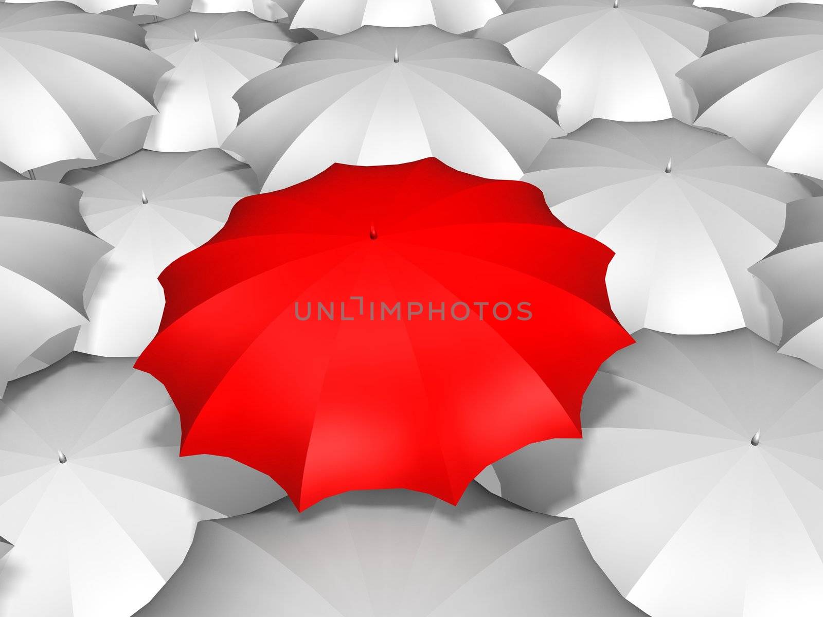 3d illustration - white umbrellas, a red