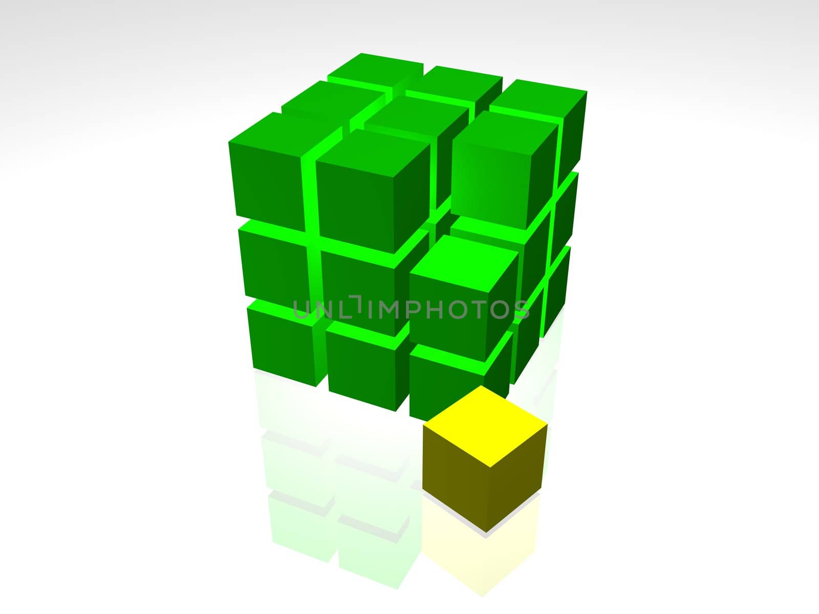 One individuality green cube on the white background