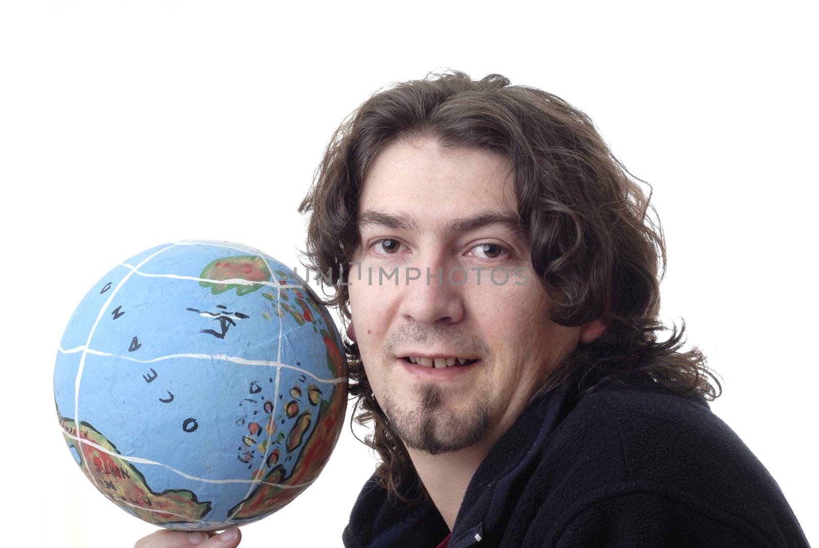 young man with globe isolated in white background