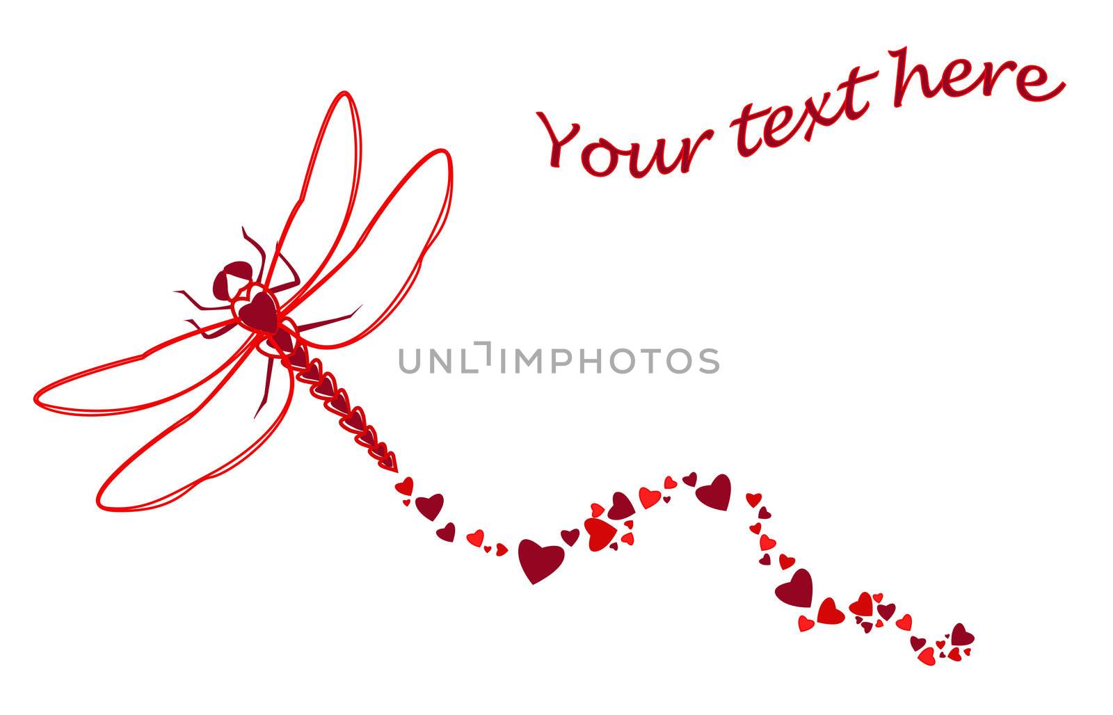 Large cute and original dragronfly made of heat shapes and leaving hearts along its fly path, perfect for wedding invitation or Valentine's day card.