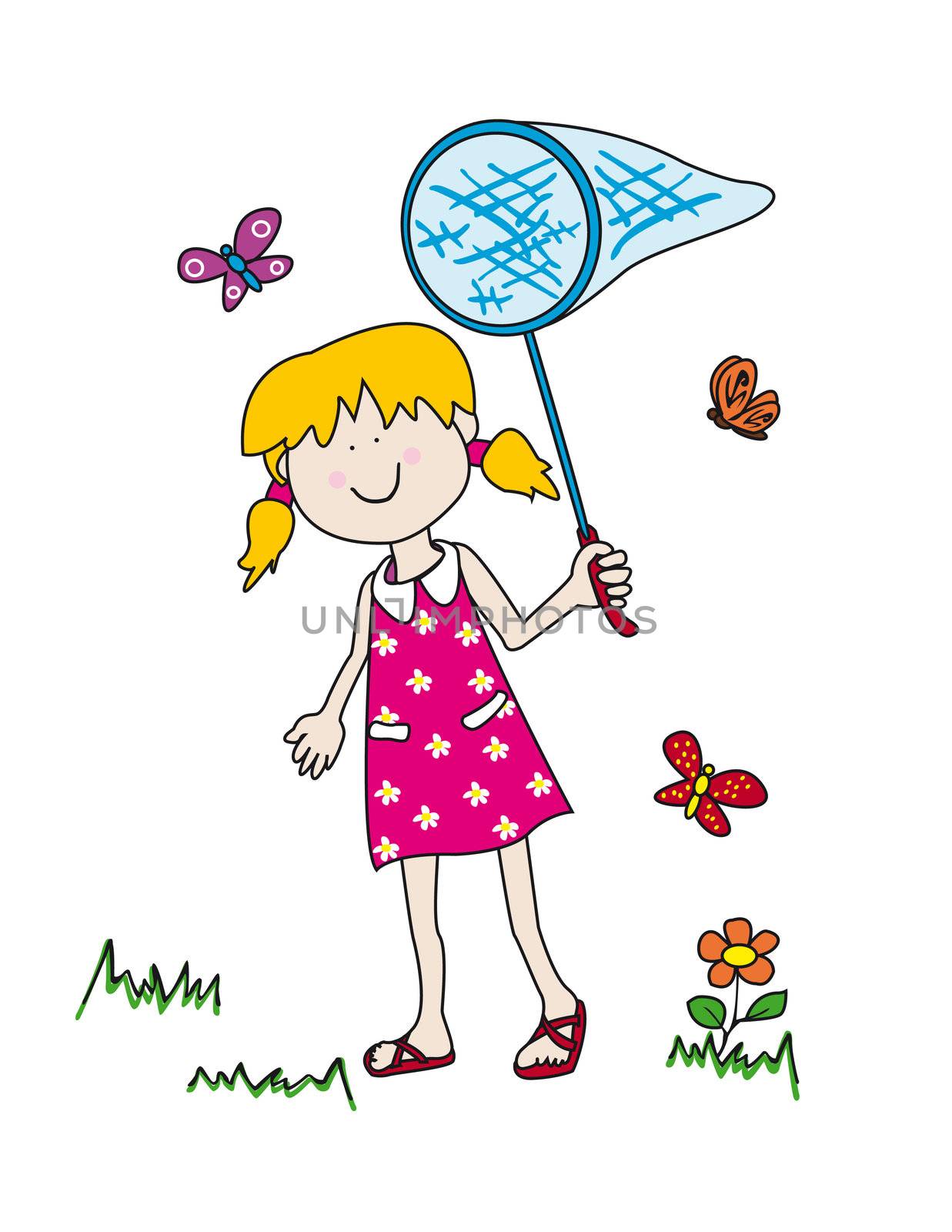 Large childlike cartoon character: little girl with a big smile holding a butterfly net and having fun tryong to catch them