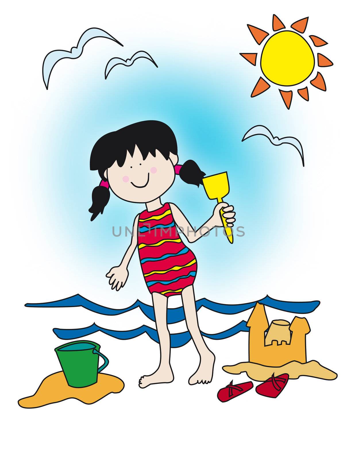 Large childlike cartoon character: little girl with a big smile playing at the beach, building sand castle.