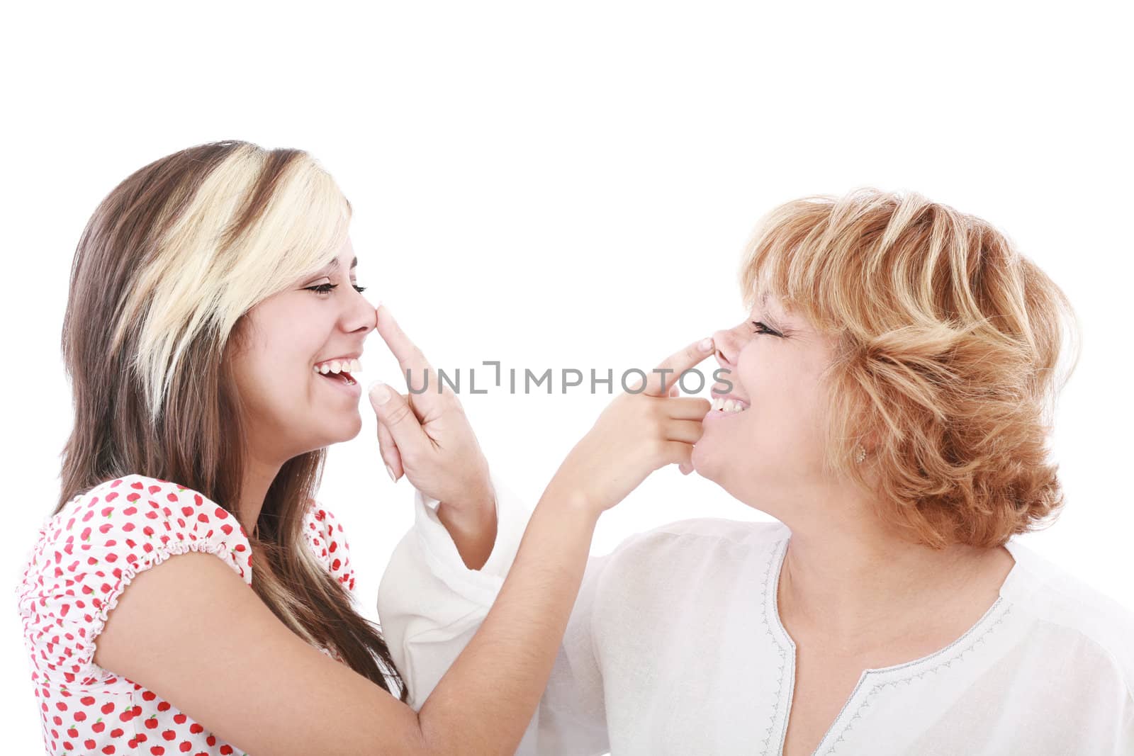 girl and mother profiles, playful woman with nose daughter play by dacasdo