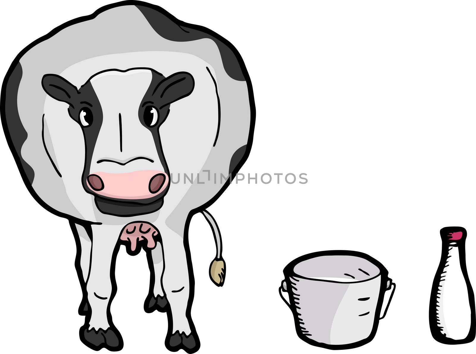 Cute fat dairy cow with pail and bottle of milk