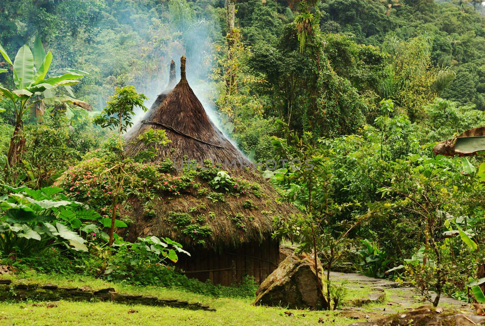 Small kogi hut built in the traditional way of the Tayrona in the jungle of Northern Colombia. The roof of the hut has to be kept dry as it rains every day in this region, thus the smoke coming through the roof. 