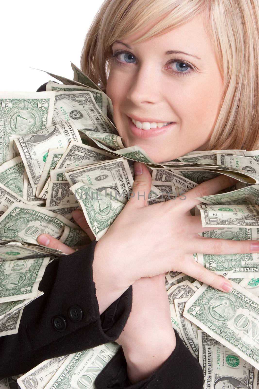 Smiling beautiful woman holding money