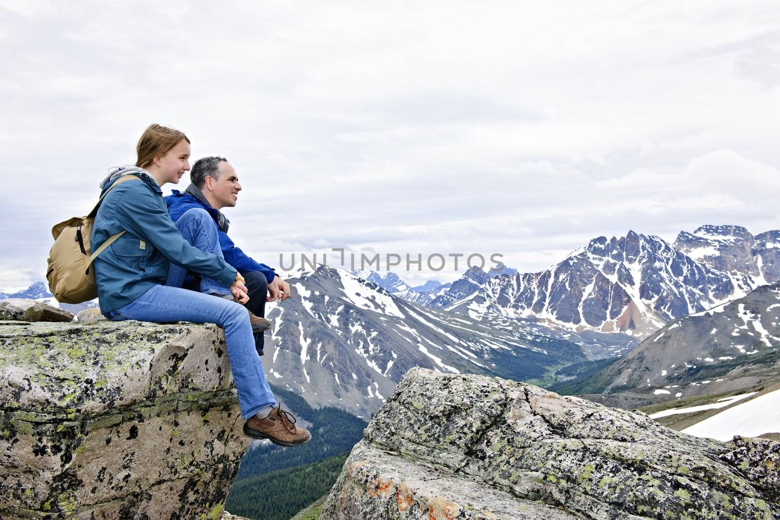 Father and daughter enjoying scenic Canadian Rocky Mountains view in Jasper National park