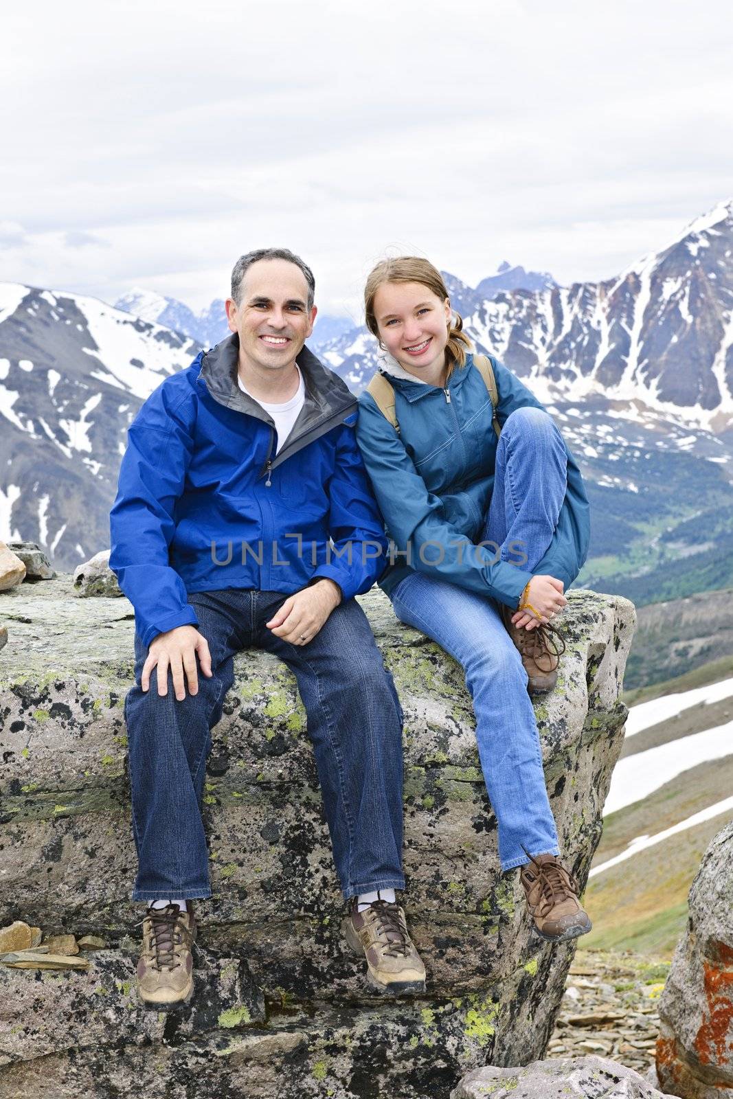 Father and daughter enjoying scenic Canadian Rocky Mountains view in Jasper National park