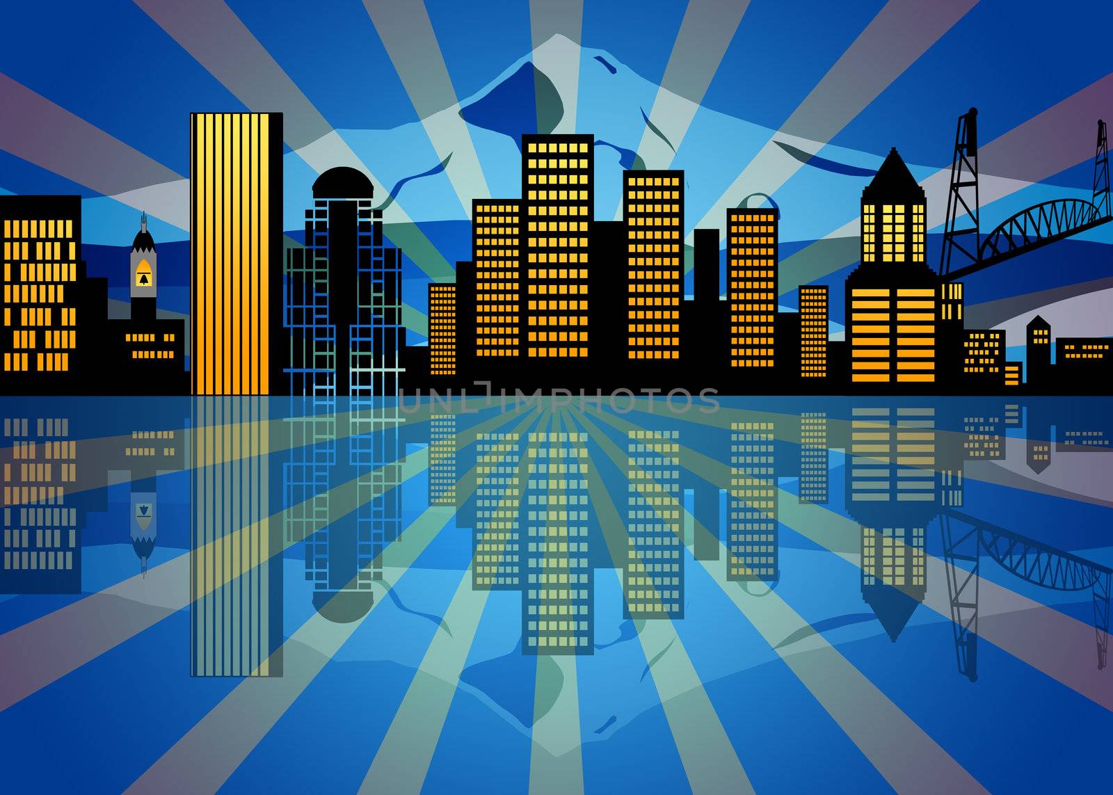Reflection of Portland Oregon City Skyline at Night Illustration