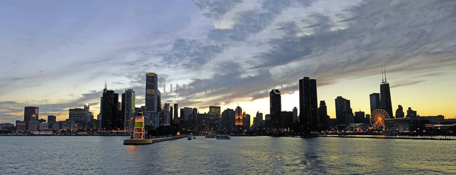 Chicago Skyline from Michigan Lake at Sunset