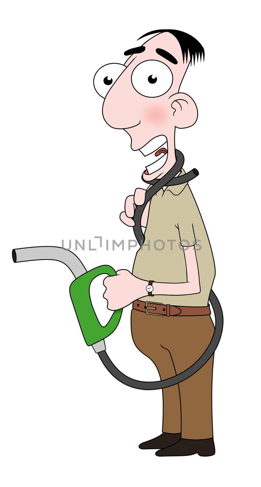 Isolated cartoon character with a fuel line wrapped around his neck