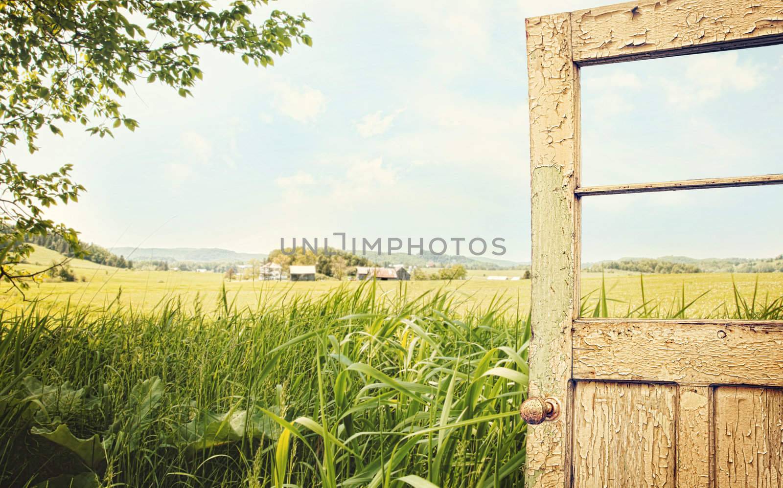 Old peeling door with rural  landscape in background