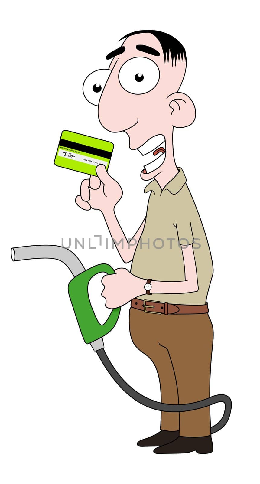 Isolated cartoon character holding fuel pump and credit card