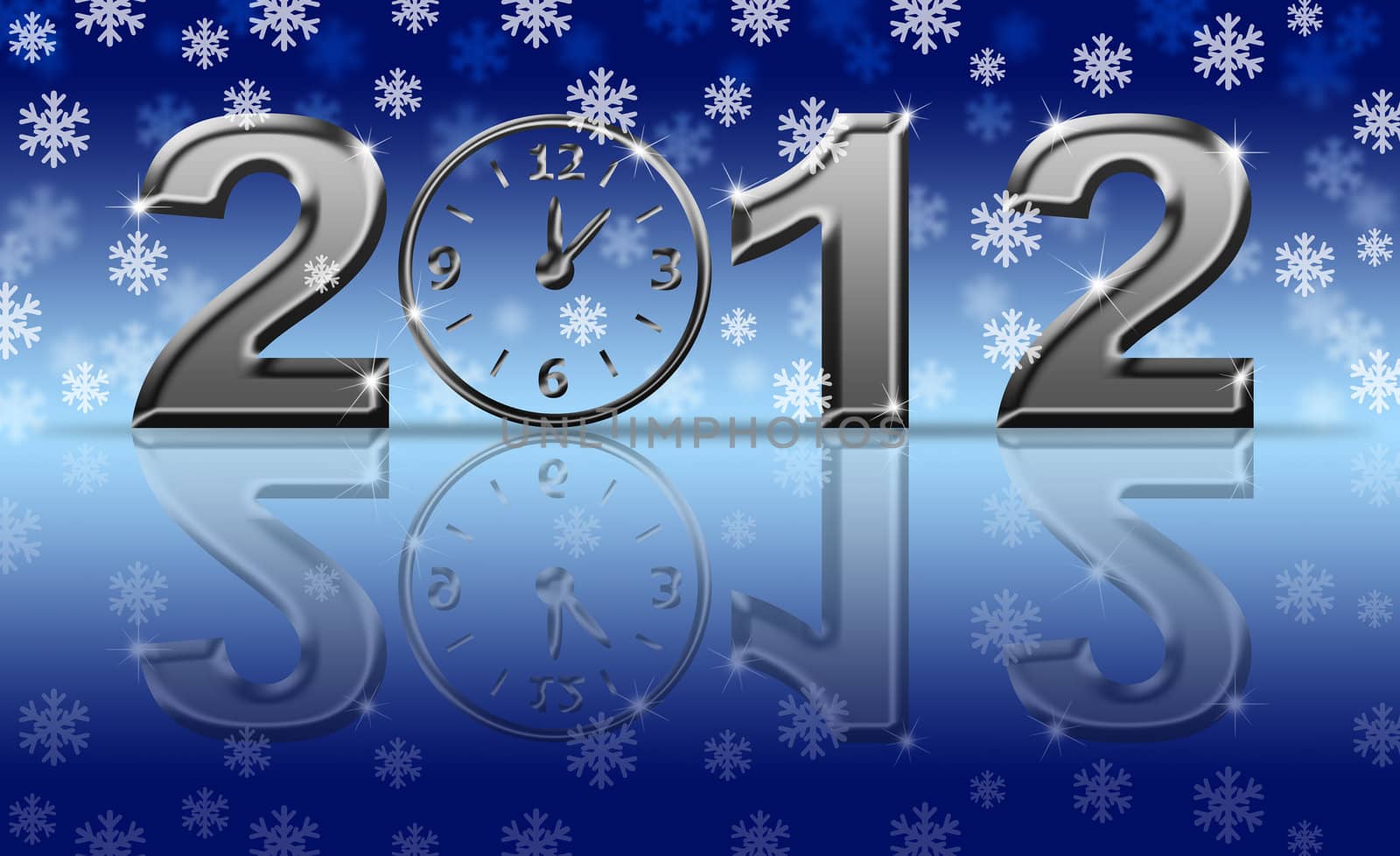 Silver 2012 Happy New Year Clock with Snowflakes and Reflection
