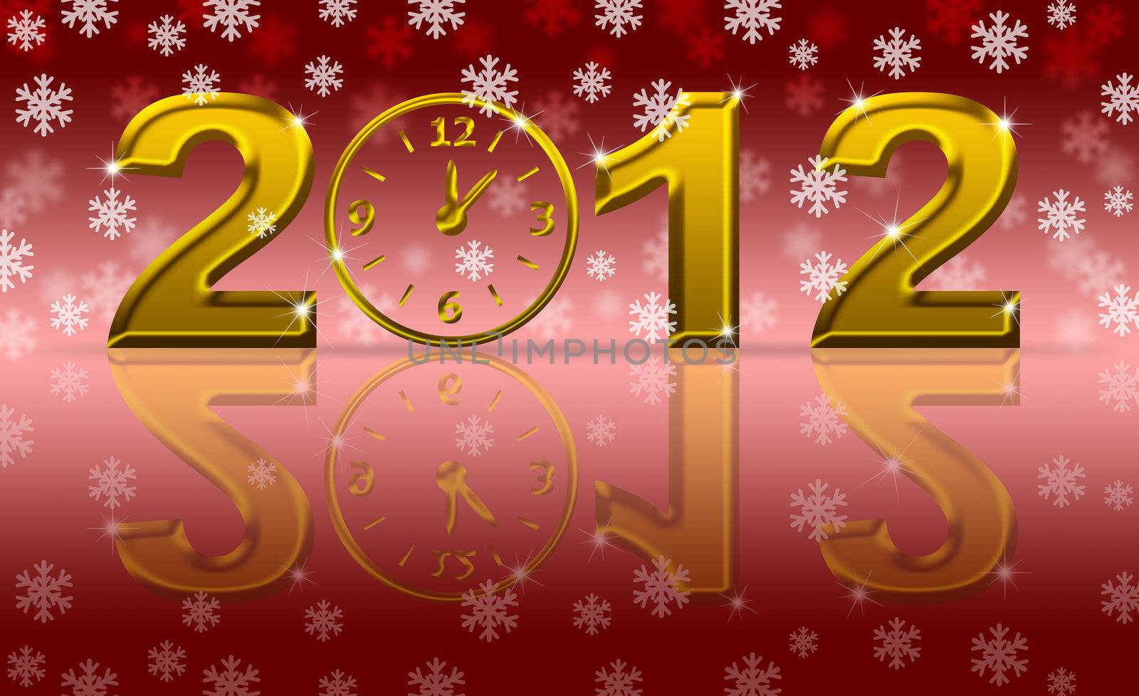 Gold 2012 Happy New Year Clock with Snowflakes and Reflection