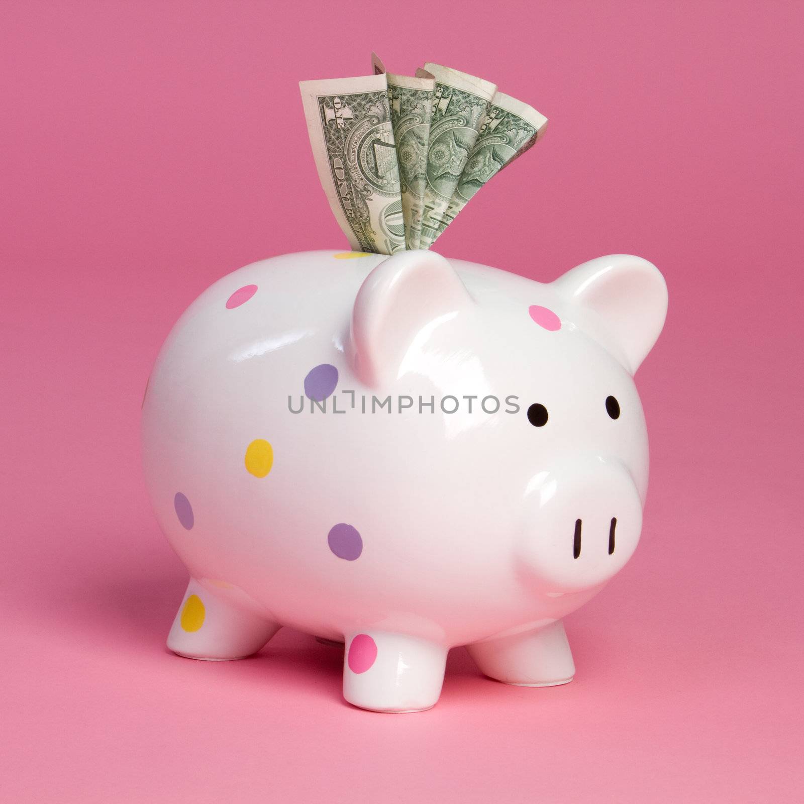 Pink piggy bank holding money