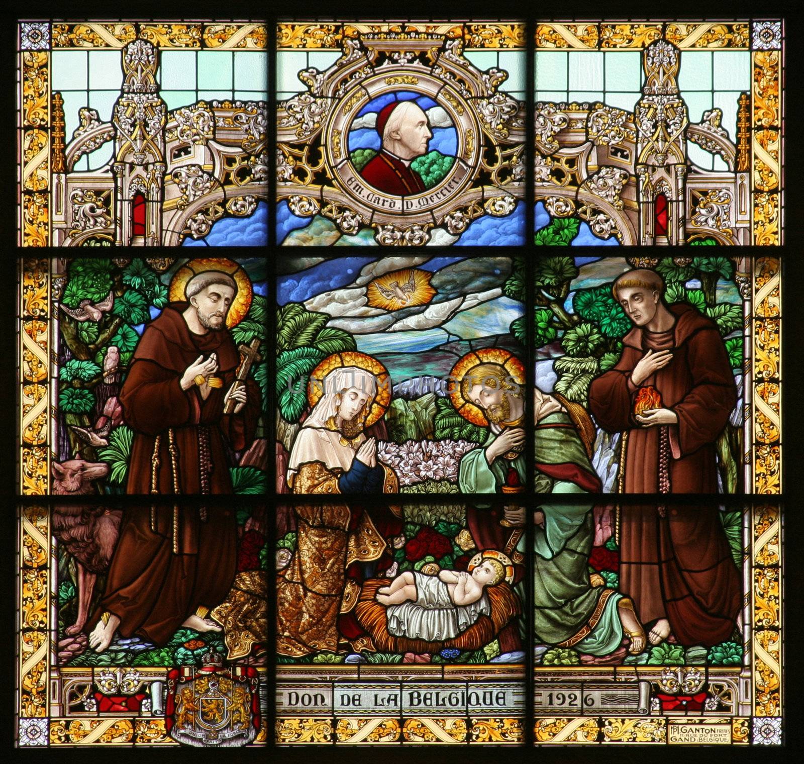Nativity scene, stained glass, Church of St. Catherine, Bethlehem