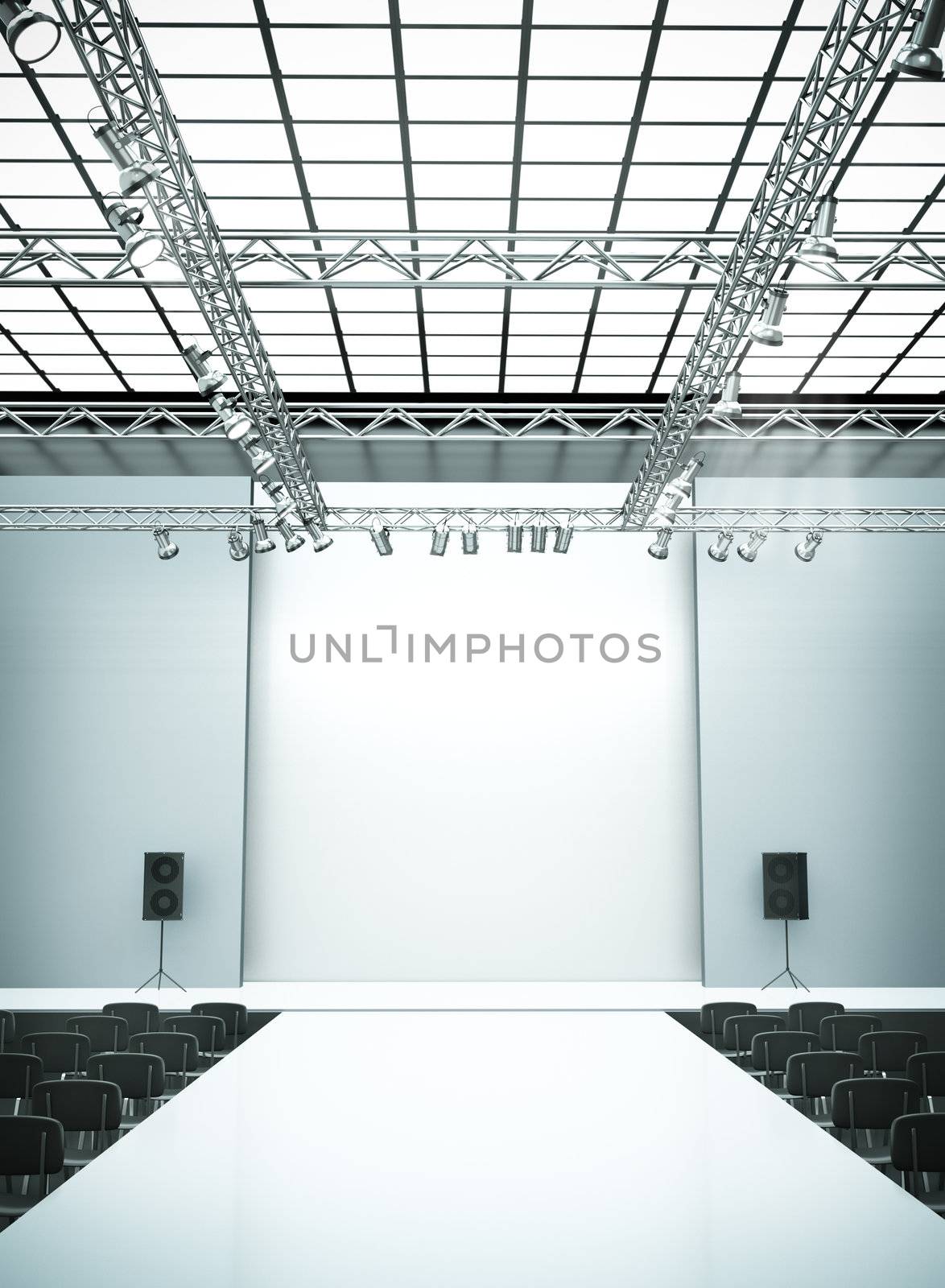 Empty fashion show stage with runway. 3D rendered image.