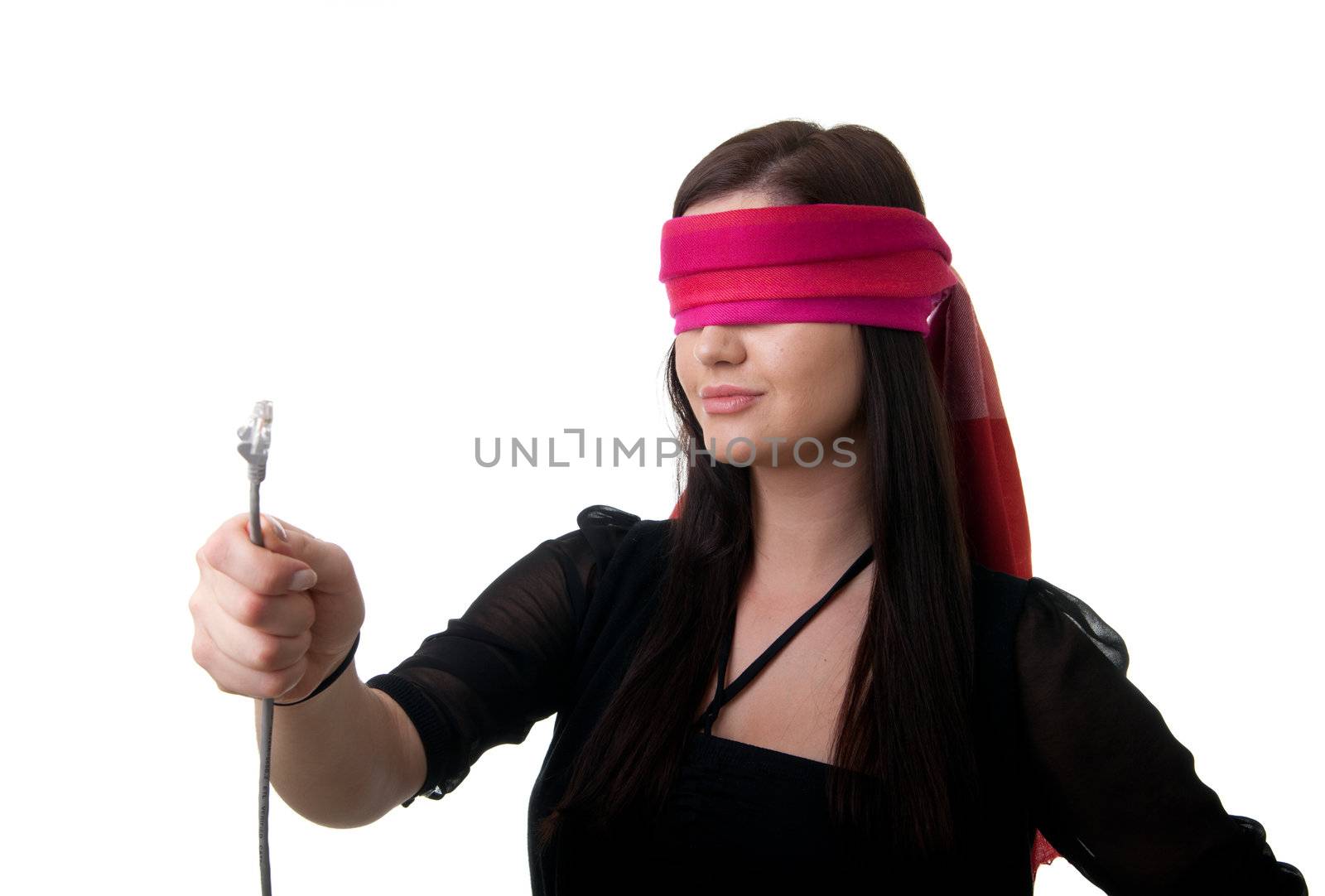 a young blindfolded woman holding a network cable