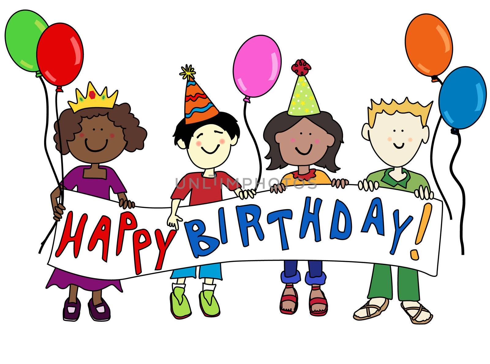 Happy multicultural cartoon kids holding a Happy Birthday banner