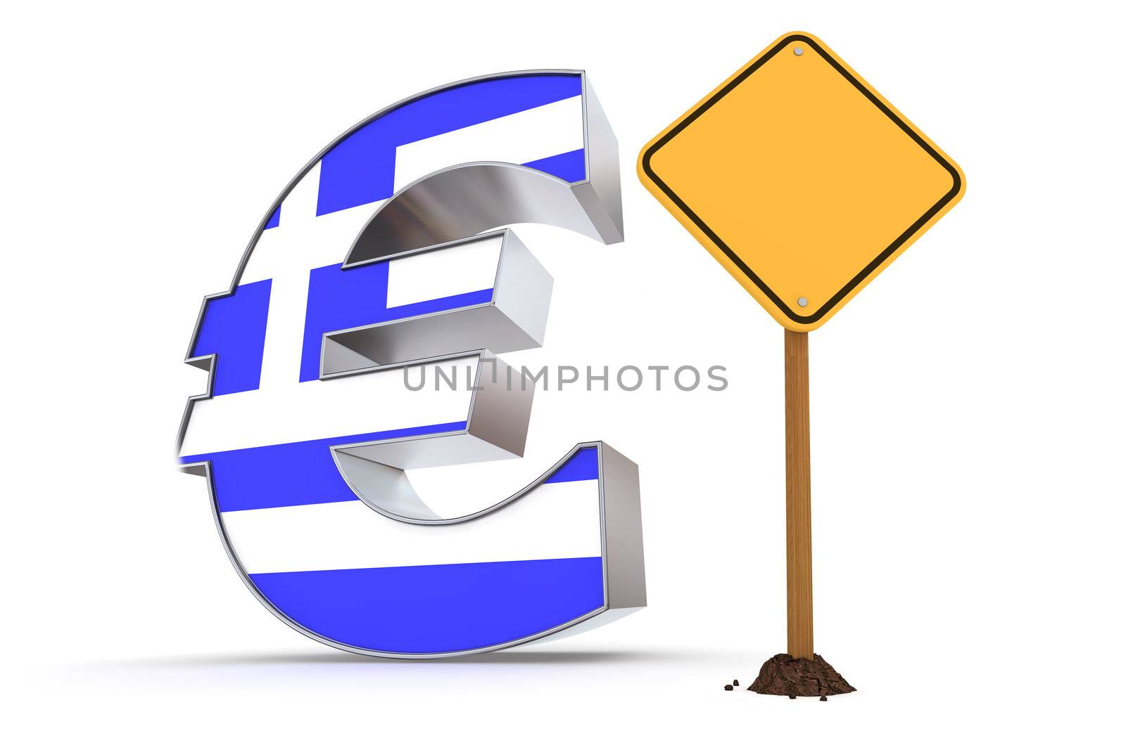 shiny metallic Euro symbol with a greek flag on it's front - a yellow quadrangular warning sign stands next to it