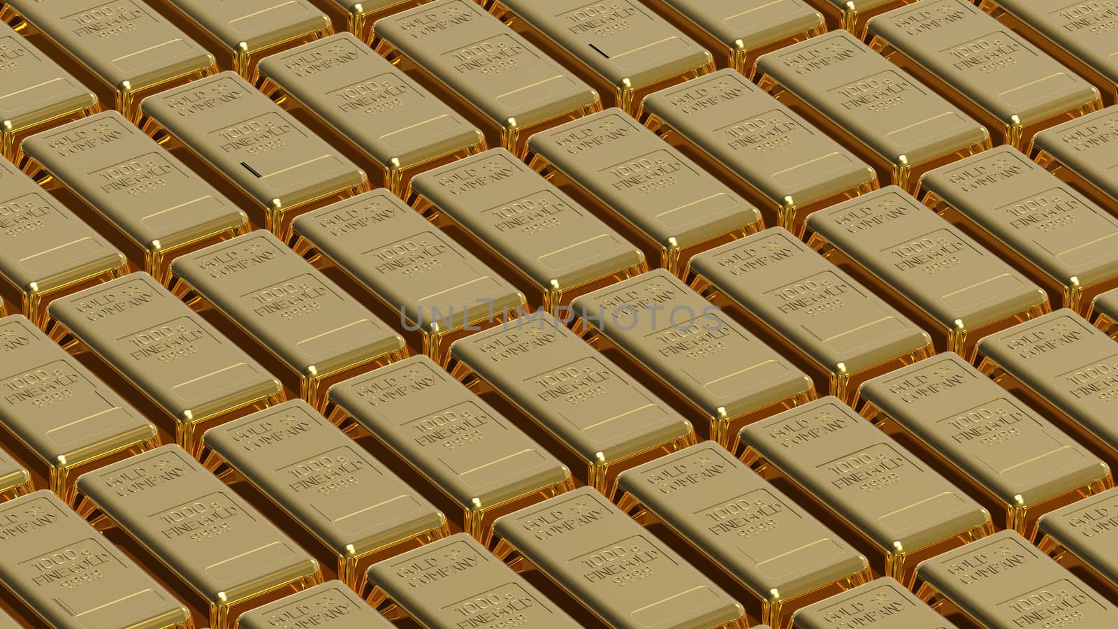 Array of gold bullion 3d render money concept