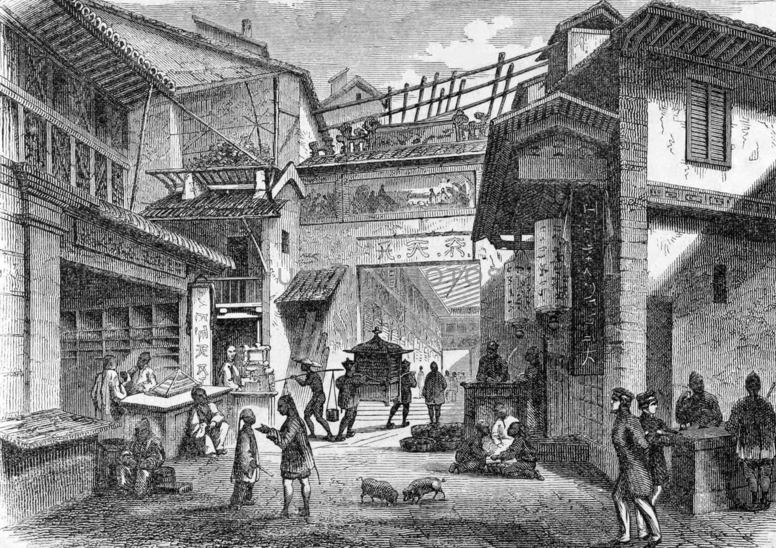 Street in Canton (Guangzhou), China on engraving from 1871. Engraved by N.Orr after a picture by Heine.