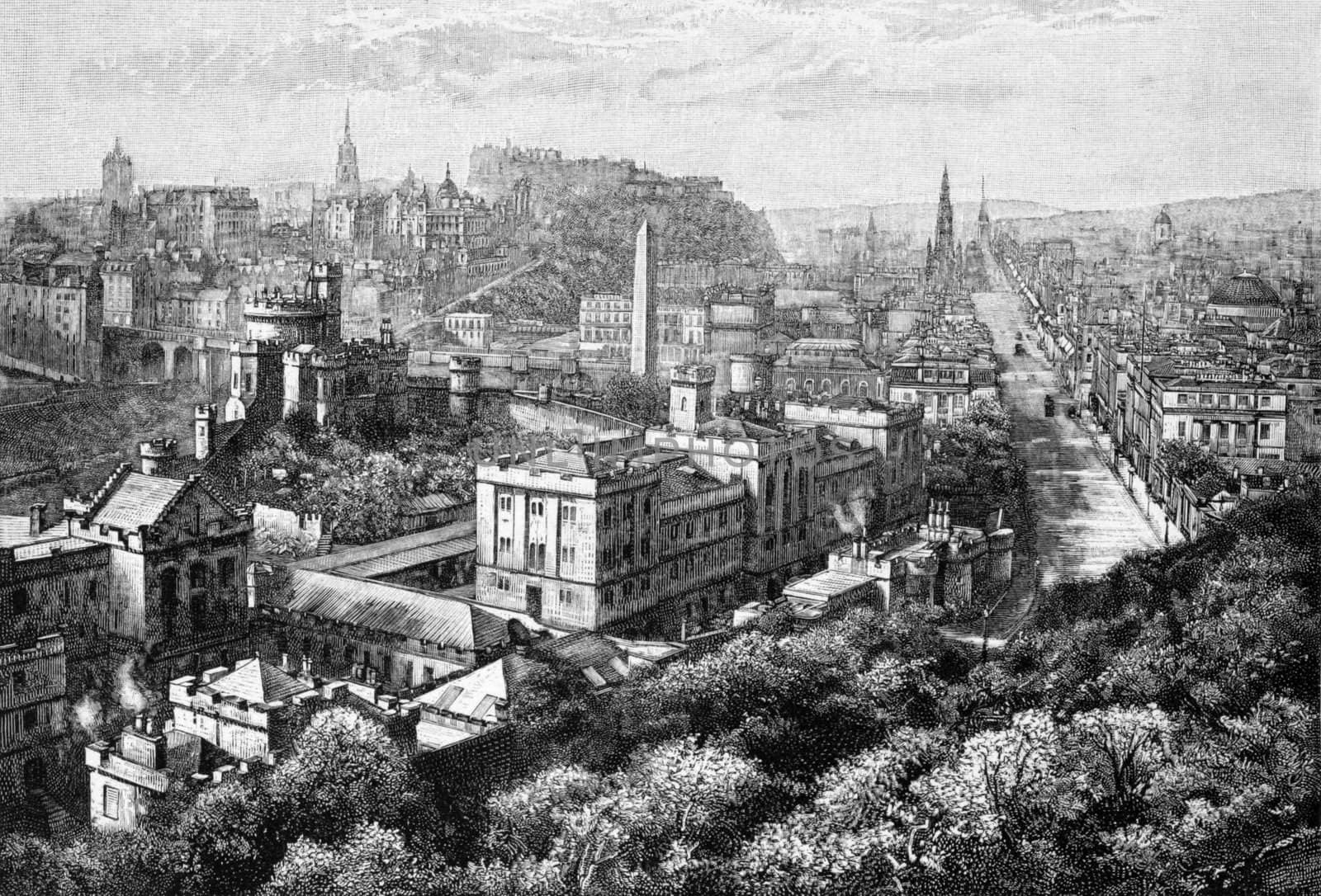 Edinburgh from Calton Hill on engraving from 1800s.