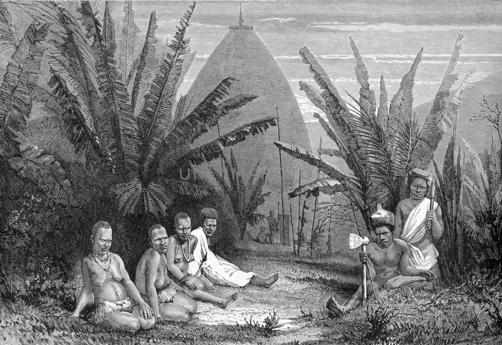 House of a native chief in New Caledonia and group of natives (Papuans) on engraving from 1800s.