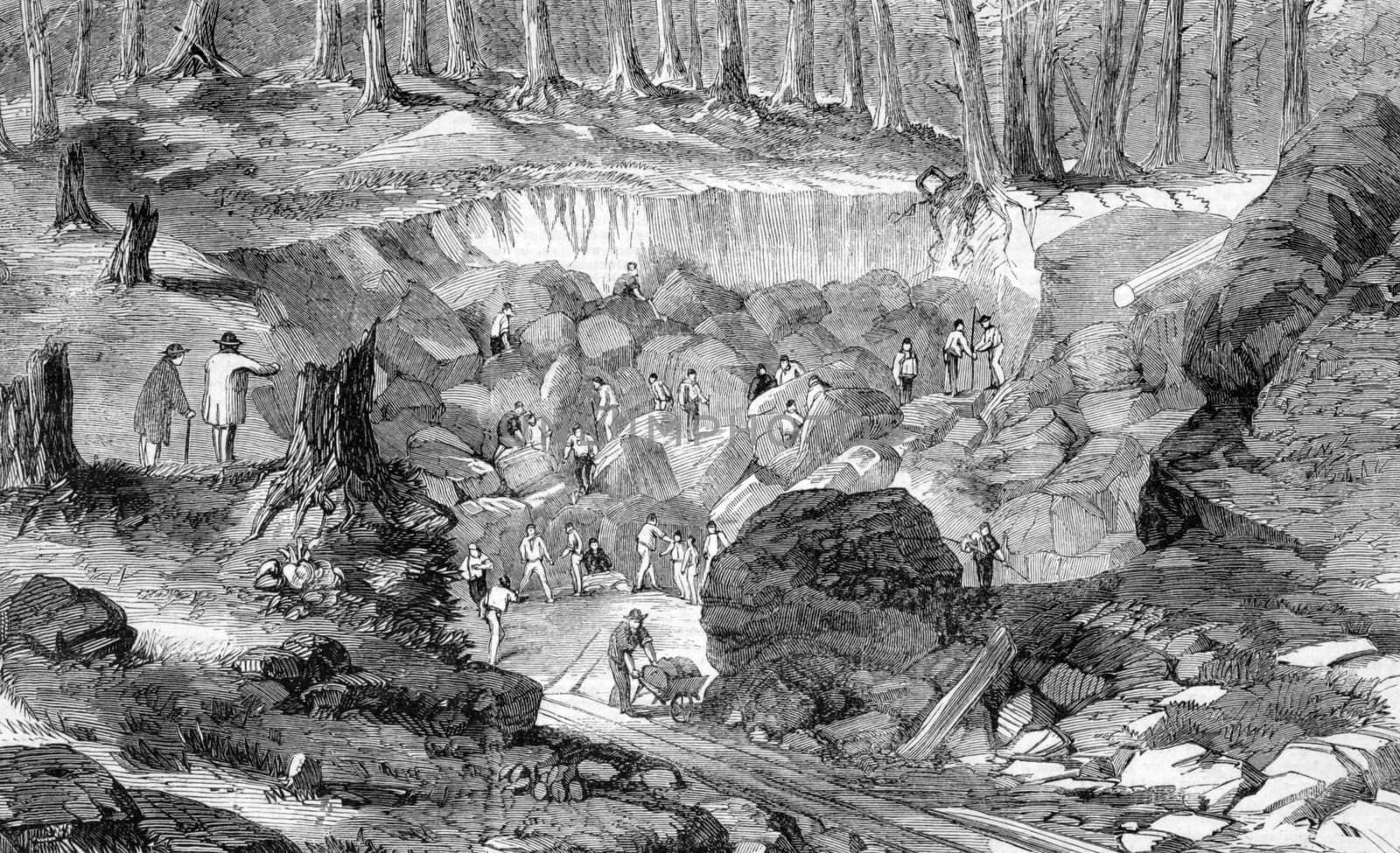 Copper mine near Montreal, Canada on engraving from 1860 after a scetch by G.A.Andrews and published in the Illustrated London News.