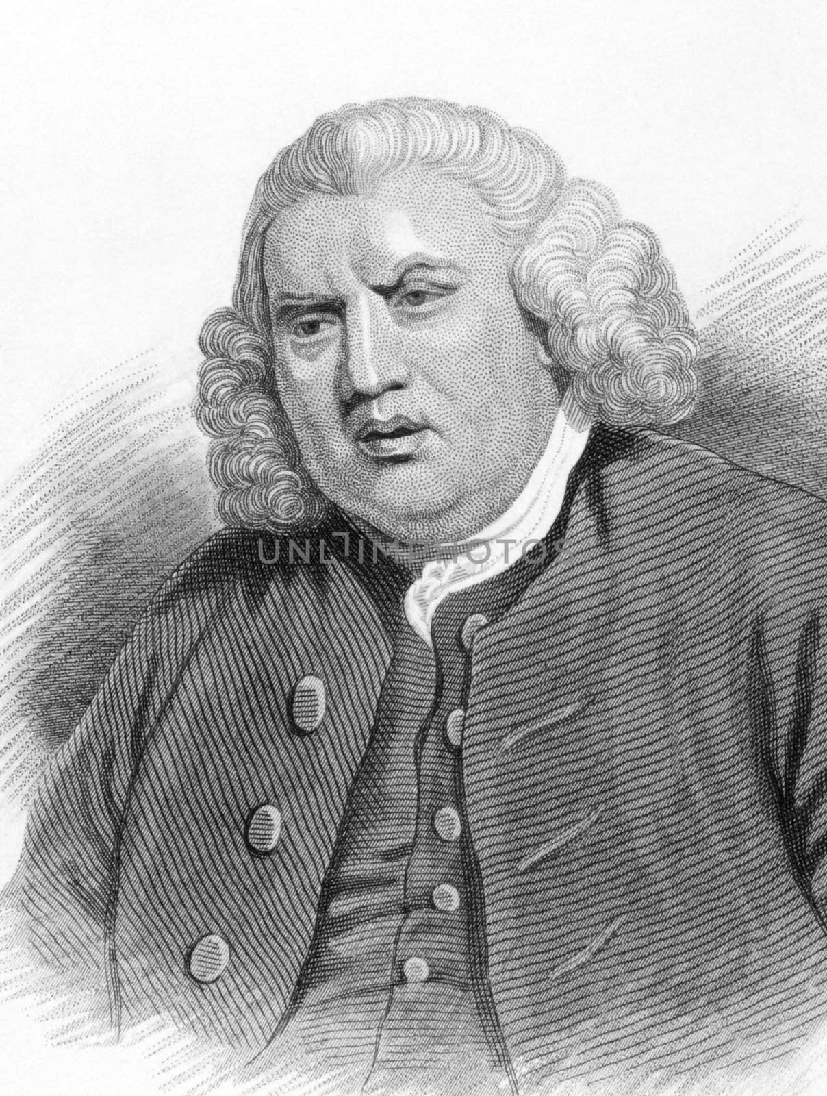 Samuel Johnson (1709-1784) on engraving from 1800s. English author who made lasting contributions to English literature as a poet, essayist, moralist, literary critic, biographer, editor and lexicographer. Engraved for Townsend Alphabetical Chronology.