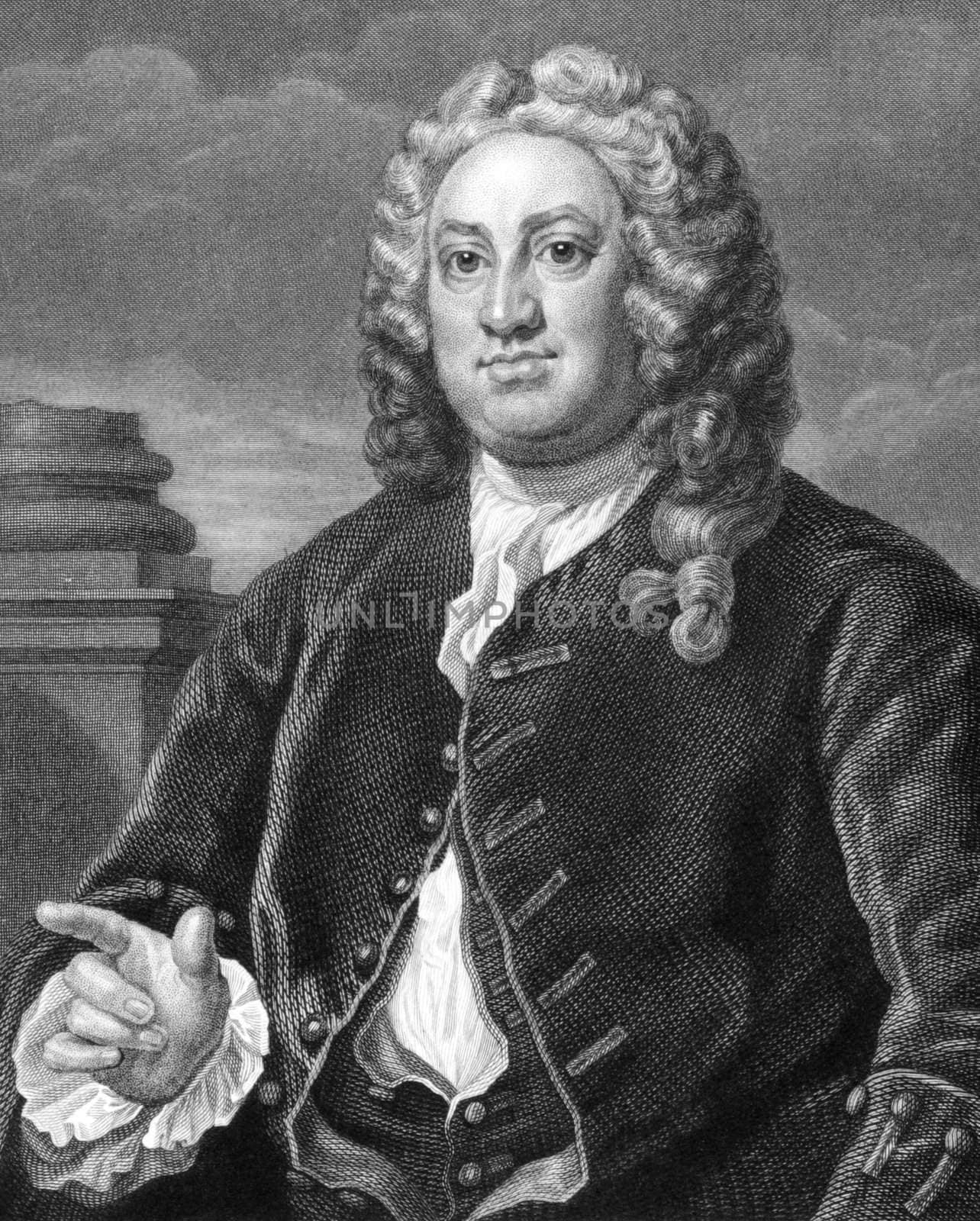 Martin Folkes (1690-1754) on engraving from 1800s. English antiquary. Engraved by R.Hart after a picture by Hogarth and published by Jones & Co.