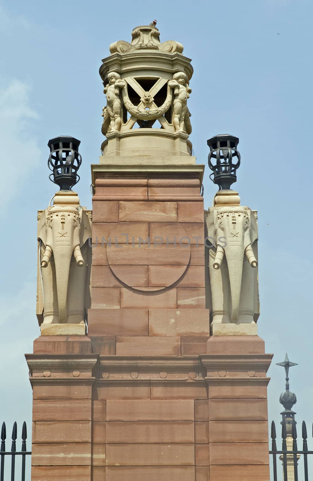 Gatepost with stone carved elephants. Entrance to Rashtrapati Bhavan (former Viceroy's House when Indian was under British rule). New Delhi, India