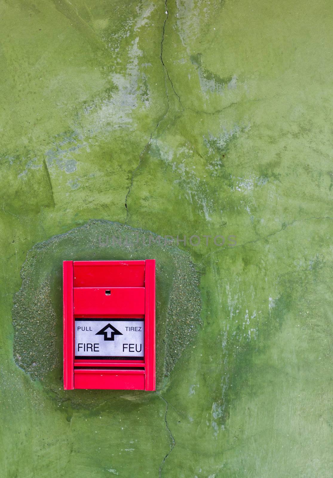 Red Fire alarm on green wall