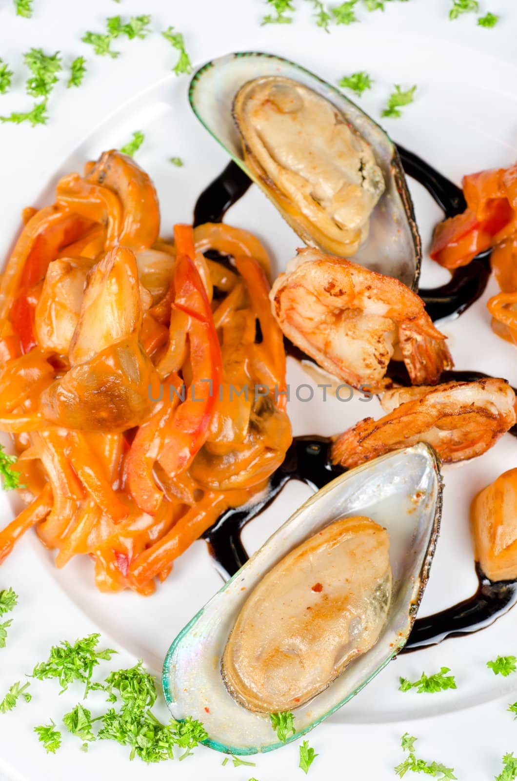 Shrimps mussels and squid tasty seafood dish