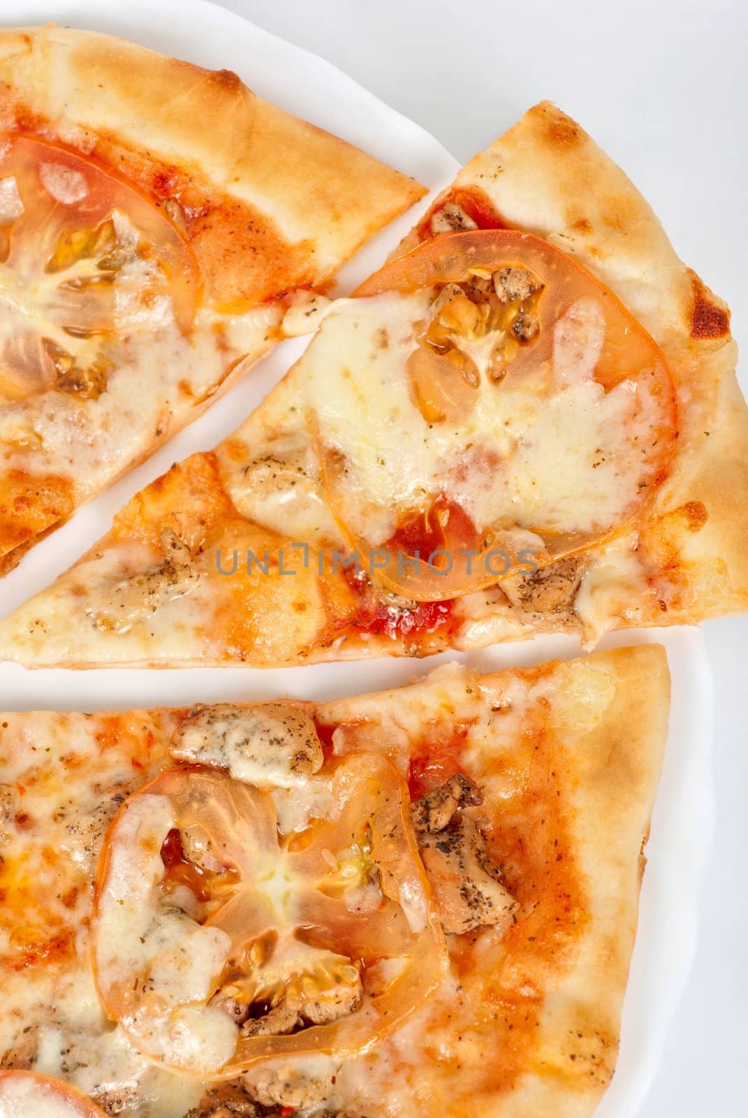 pizza closeup with chicken fillet, tomato and mozzarella cheese