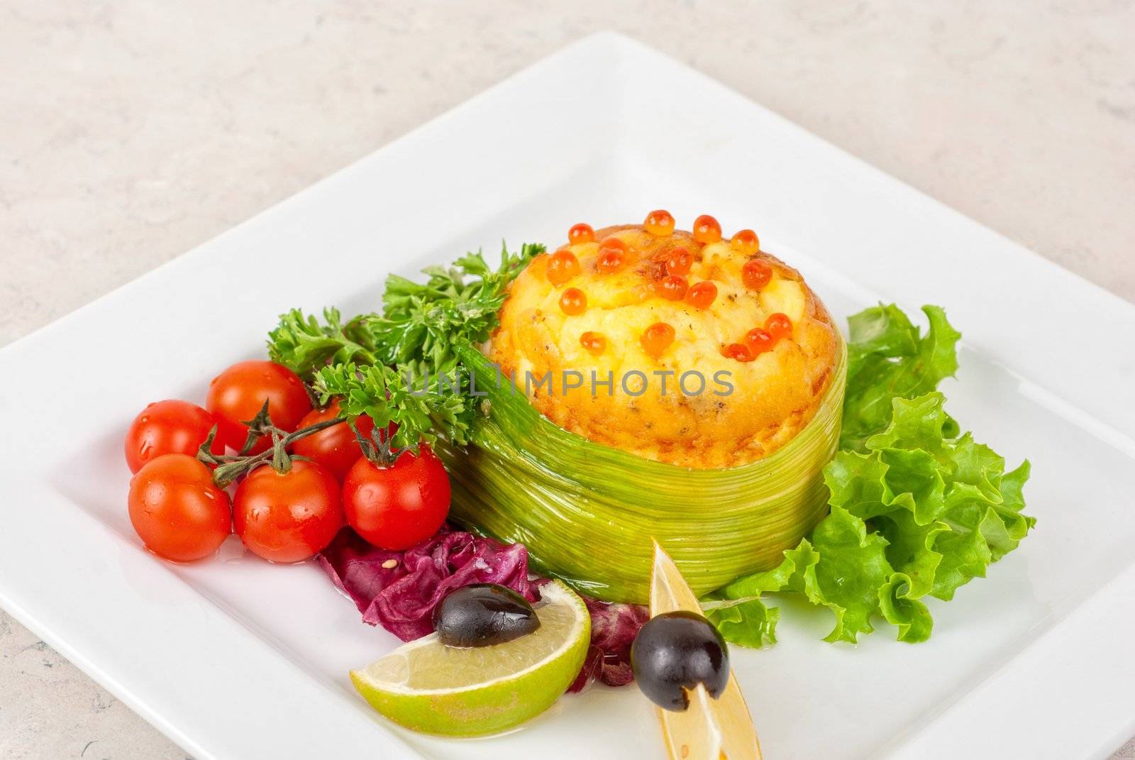 Tasty dish of salmon with omelette and philadelphia cheese