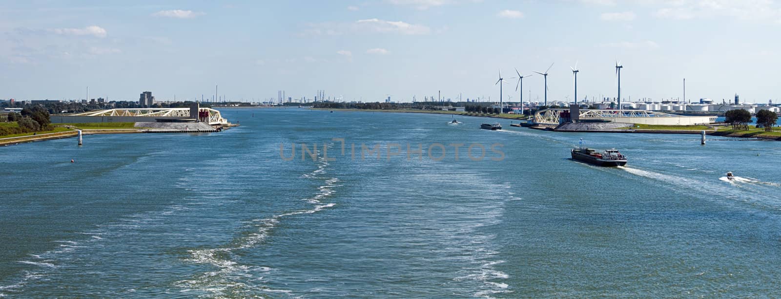 Panorama of the famous storm surge barrier "Maaslantkering" in the river Maas near Rotterdam, the Netherlands
