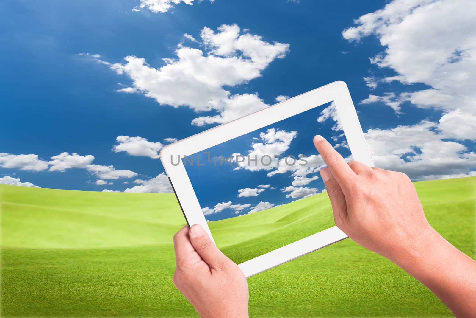 hand holding a touchpad pc with green field 