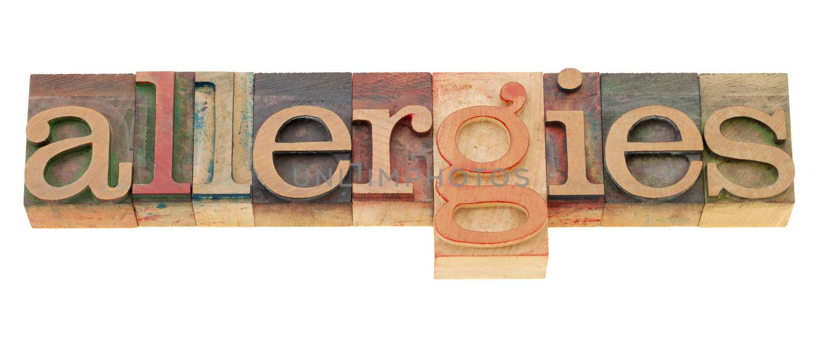 allergies  - isolated word in vintage wood letterpress printing blocks